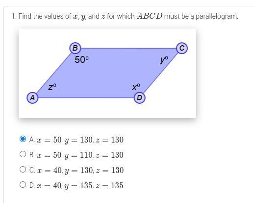 Find the values of x, y, and z for which ABCD must be a parallelogram. I tried this-example-1