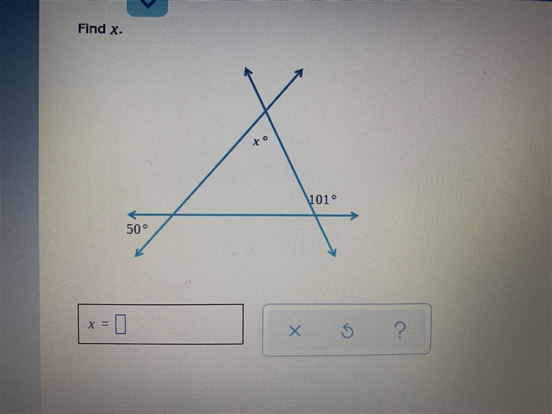 Find x. (Finding an angle measure given extended triangles) Please help-example-1