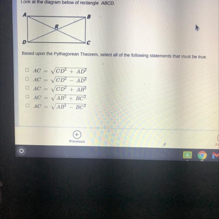 Look at the diagram below of rectangle ABCD. B R D с Based upon the Pythagorean Theorem-example-1