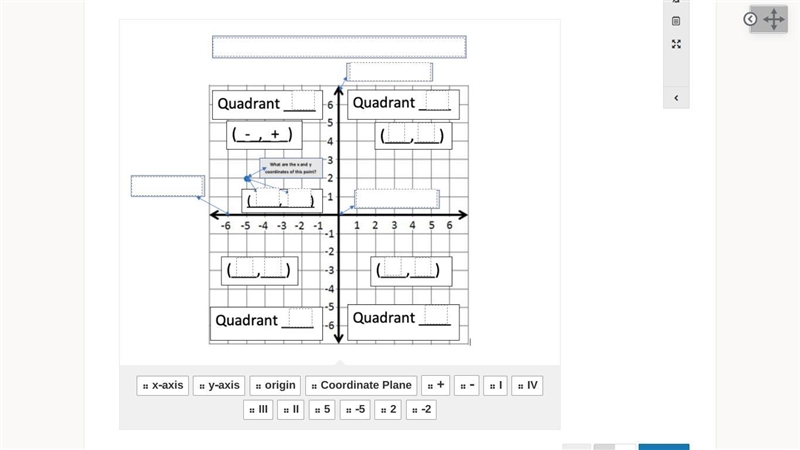 Place labels on the coordinate plane below. Label: x-axis, y-axis, origin, quadrants-example-1