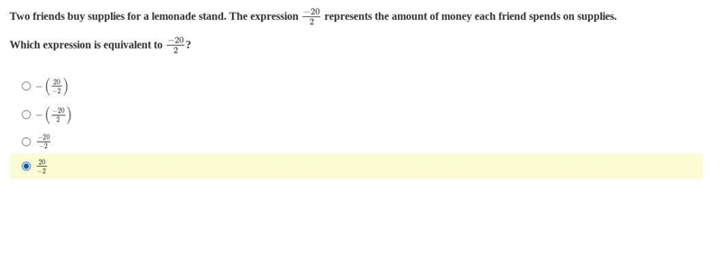 Two friends buy supplies for a lemonade stand. The expression −202 represents the-example-1