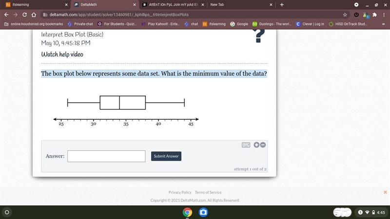 The box plot below represents some data set. What is the minimum value of the data-example-1