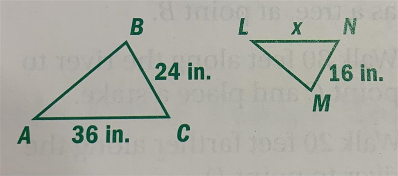 Given △ABC ∼ △LMN, find LNLN.-example-1