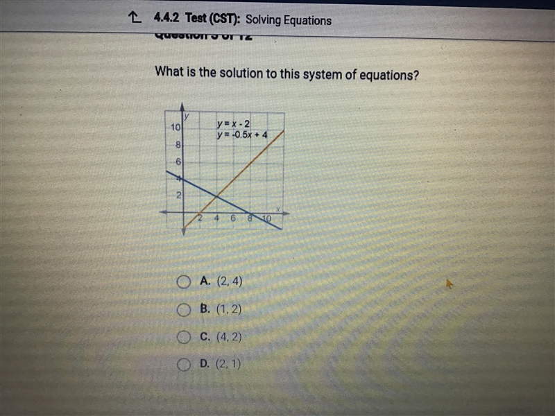 What is the solution to this system of equations? A: (2,4) B: (1,2) C: (4,2) D: (2,1)-example-1