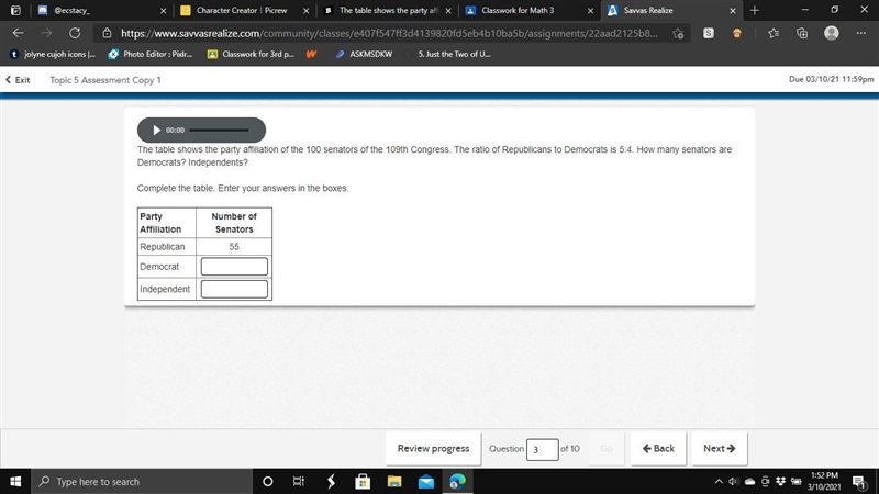 I NEED HELP LIKE NOW PLEASE The table shows the party affiliation of the 100 senators-example-1