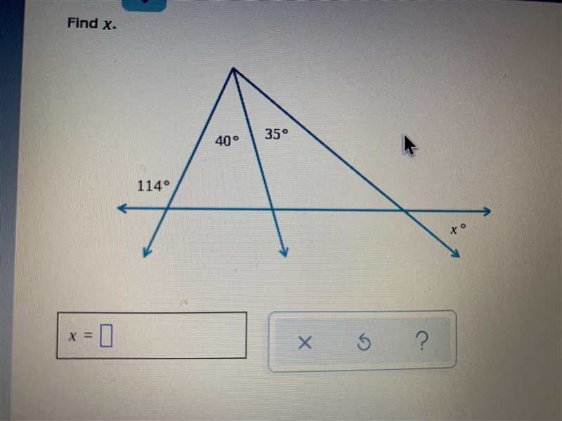 Find x. (Finding an angle measure given extended triangles) Please helpppppp-example-1