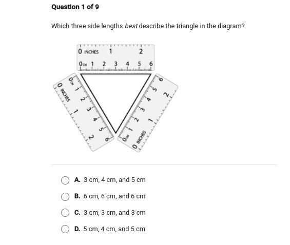 Which three side lengths best describe the triangle in the diagram-example-1