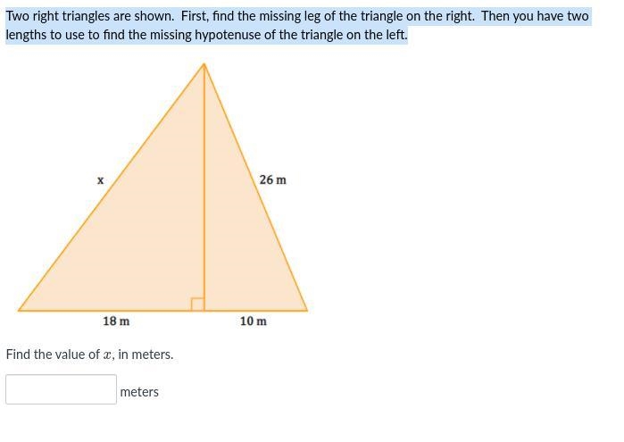 Two right triangles are shown. First, find the missing leg of the triangle on the-example-1