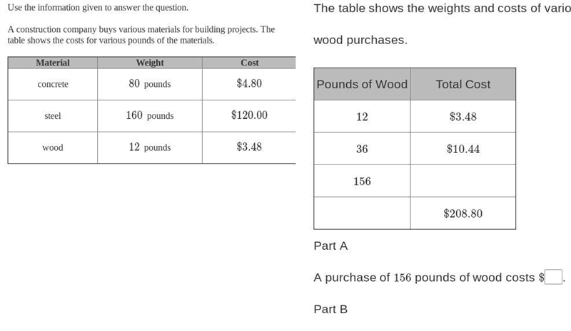 The table shows the weights and costs of various wood purchases.-example-1