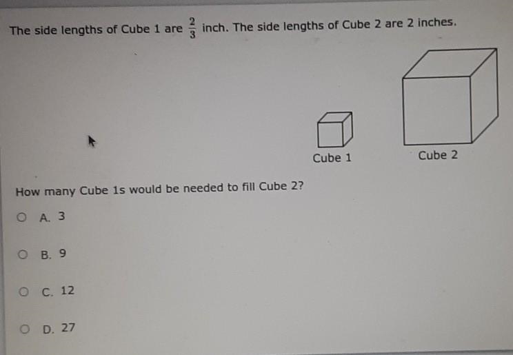 The side lengths of cube 1 are 2/3 inch. and cube 2 is 2 inches. How many cube 1's-example-1