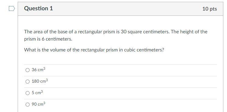 The area of the base of a rectangular prism is 30 square centimeters. The height of-example-1