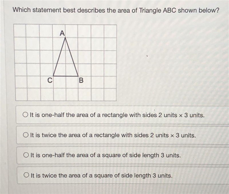 Which statement be set describes the area of Triangle ABC shown below?-example-1