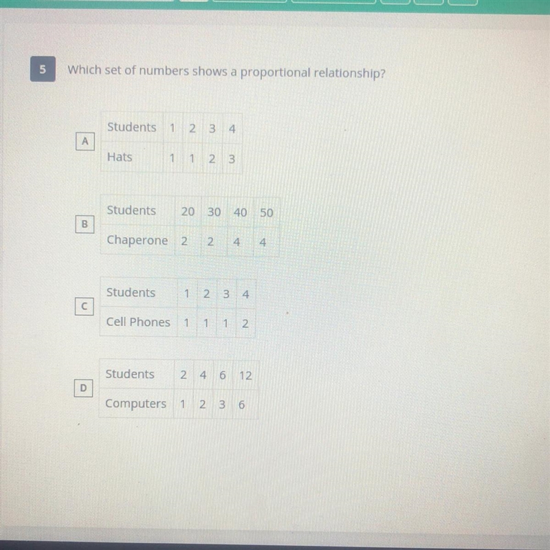 Which set of number shows a proportional relationship?-example-1