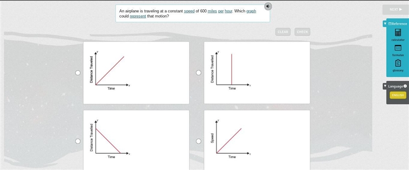 An airplane is traveling at a constant speed of 600 miles per hour. Which graph could-example-1