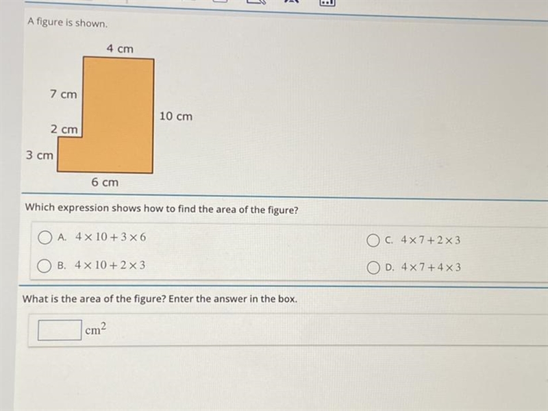 Which expression shows how to find the area of the figure?-example-1