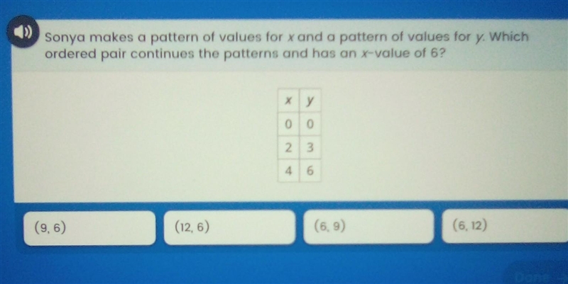 sonya makes a pattern of values for x and a pattern for y, which ordered pair continues-example-1