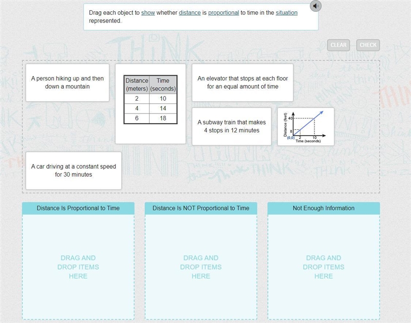 Drag each object to show whether distance is proportional to time in the situation-example-1