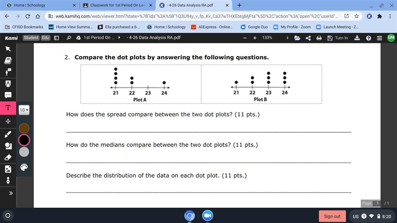 2. Compare the dot plots by answering the following questions. How does the spread-example-1