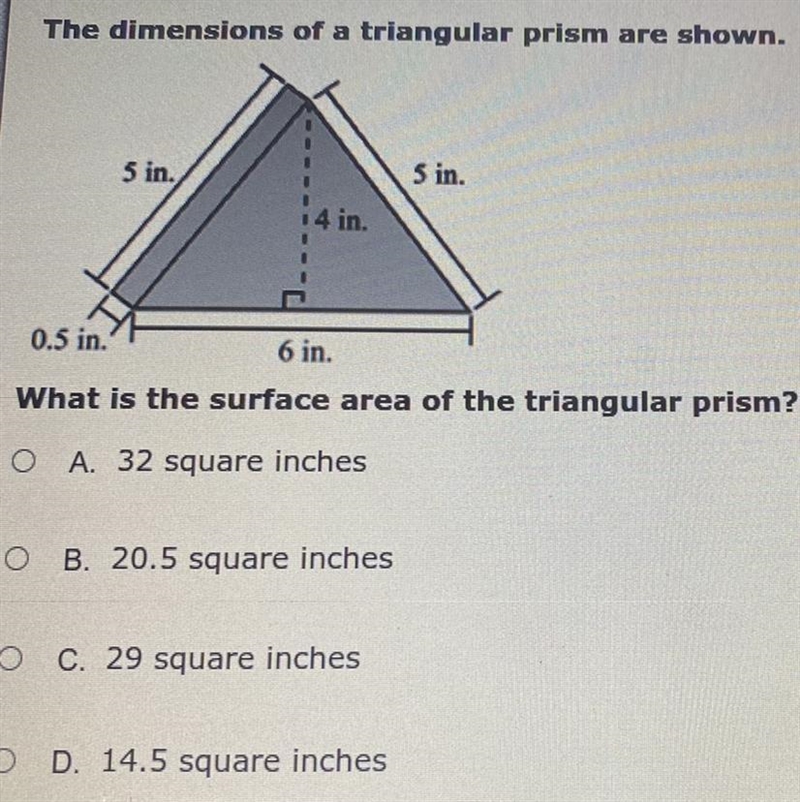 The dimensions of a triangular prism are shown. What is the surface area of the triangular-example-1