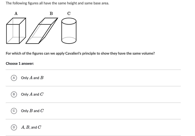 For which of the figures can we apply Cavalieri's principle to show they have the-example-1