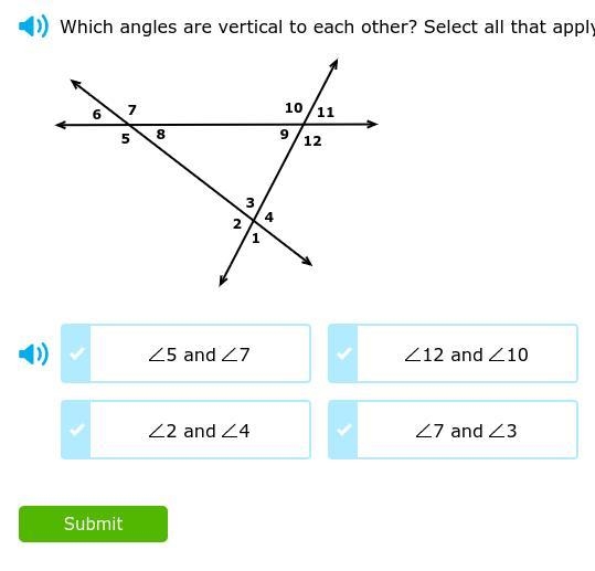 Which angles are vertical to each other ? Select all that apply.-example-1