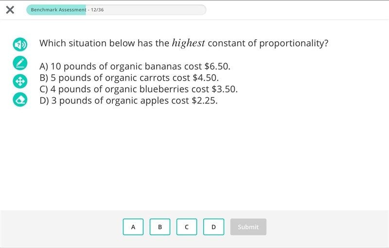 Which situation below has the highest constant of proportionality? A) 10 pounds of-example-1