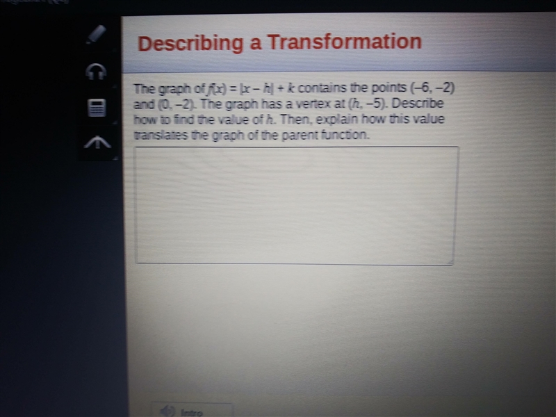 The graph of f(x)=|x-h|+k contains the points (-6,-2) and (0,2). The graph has a vertex-example-1