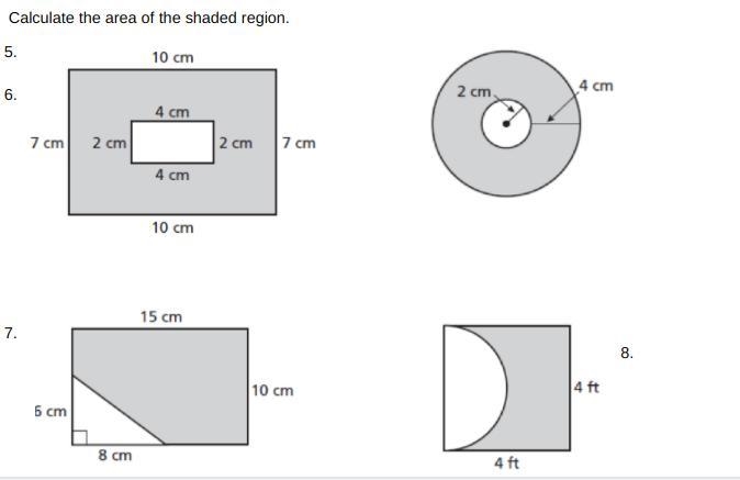 Calculate the area of each figure below. Calculate the area of the shaded region.-example-1