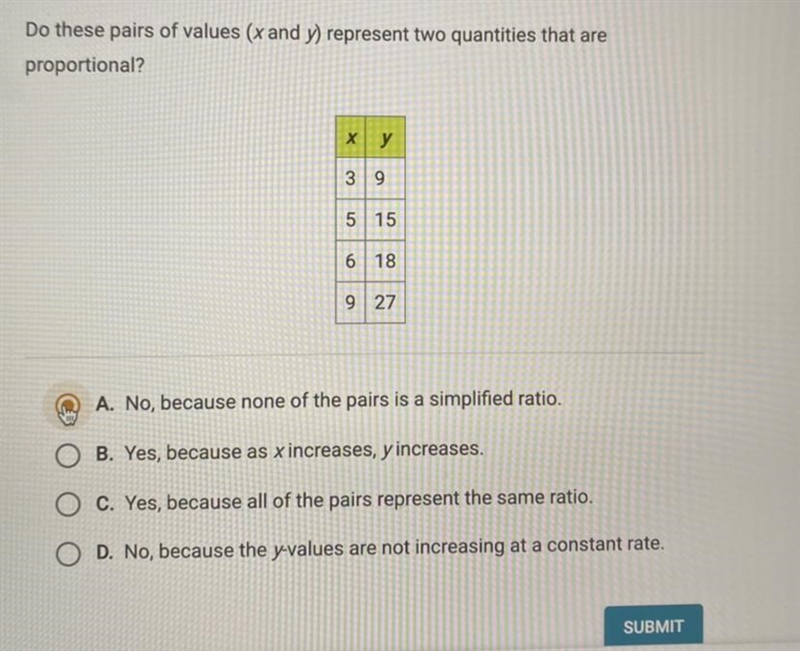 (HELP ASAP) Do these pairs of values (x and y) represent two quantities that are proportional-example-1