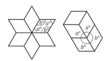 Here are two patterns made using identical rhombuses. Without using a protractor, determine-example-1