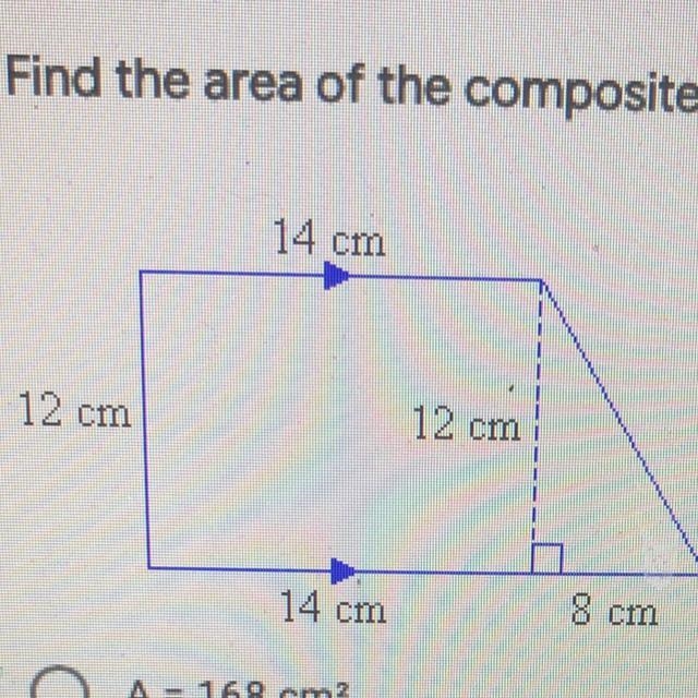 Find the area of the composite figure. A = 168 cm A = 96 cm A = 264 cm A = 216 cm-example-1