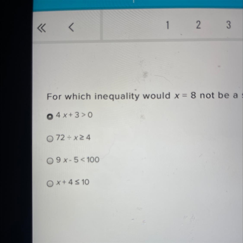 For which inequality would x = 8 not be a solution?-example-1