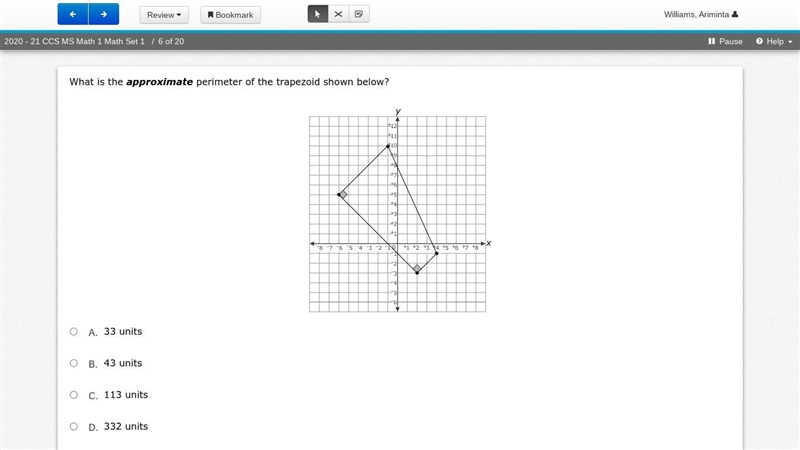 What is the approximate perimeter of the trapezoid shown below? A. 33 units B. 43 units-example-1