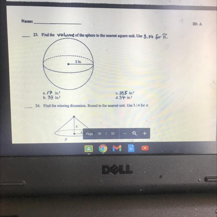 Find the volume of the sphere to the nearest square unit. Use 3.14 for T. 2 in. a-example-1