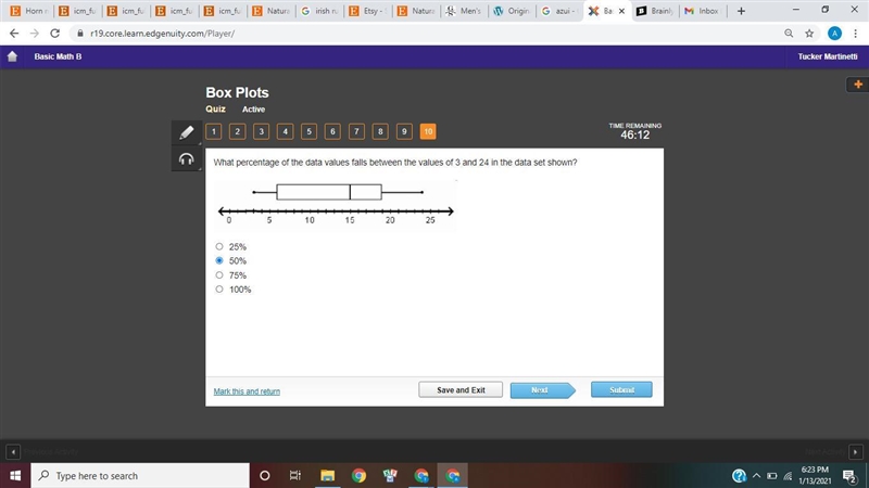 What percentage of the data values falls between the values of 3 and 24 in the data-example-1