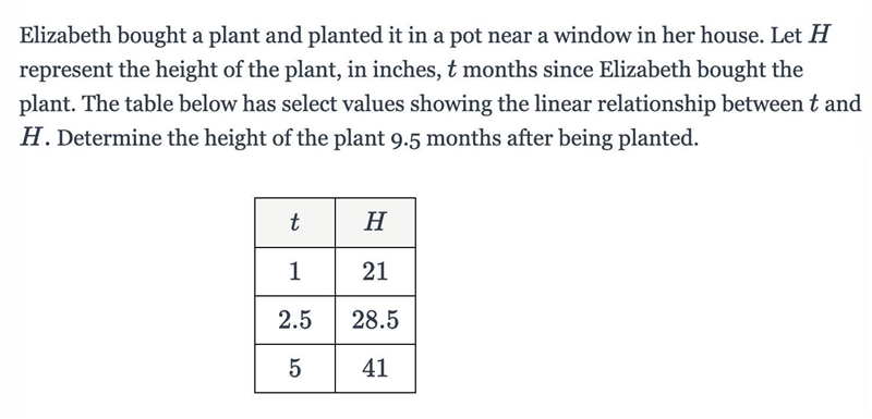 Elizabeth bought a plant and planted it in a pot near a window in her house. Let H-example-1