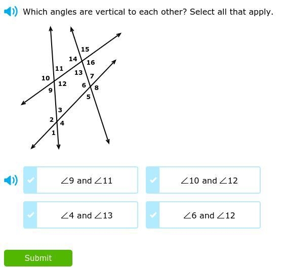 Which angles are vertical to each other? select all that apply-example-1