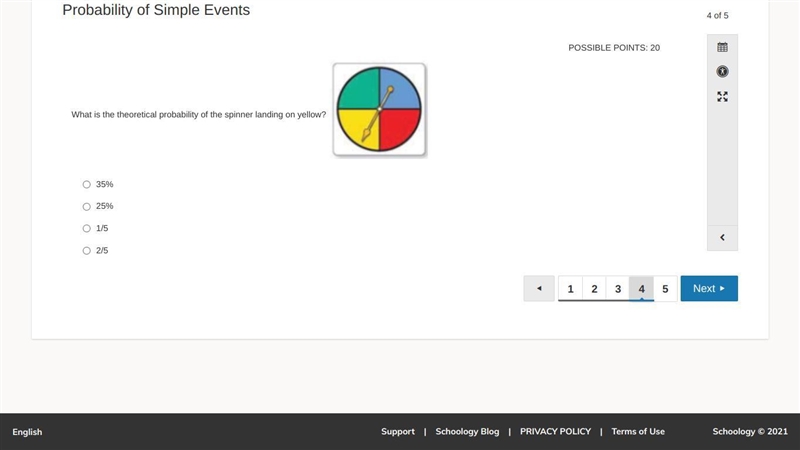 What is the theoretical probability of the spinner on yellow? A. 35% B. 25% C. 1/5 D-example-1