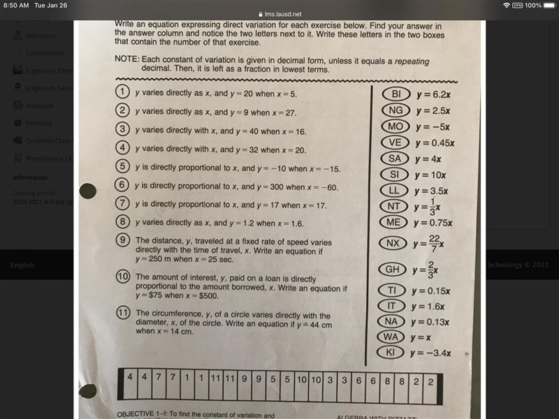 Write en equation if y=75 when x=500.Find your answer in the answer column and notice-example-1