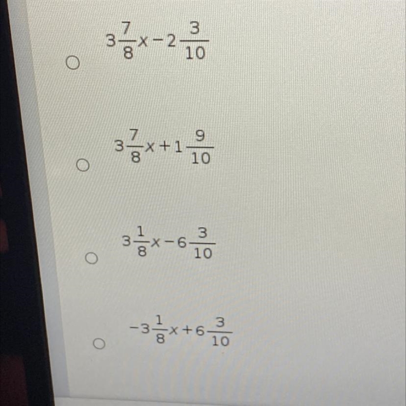 What is the result when 3/8x + 2 1/5 is subtracted from 3 1/2x - 4 1/10? Don’t put-example-1