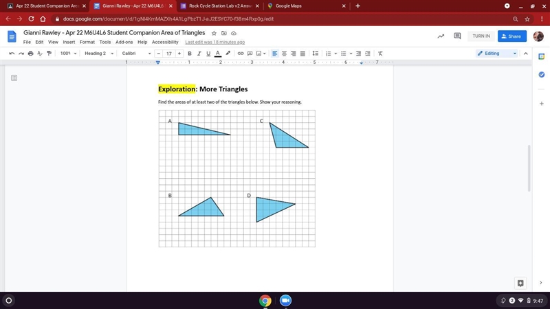 Find the areas of at least two of the triangles below. Show your reasoning. help plzz-example-1