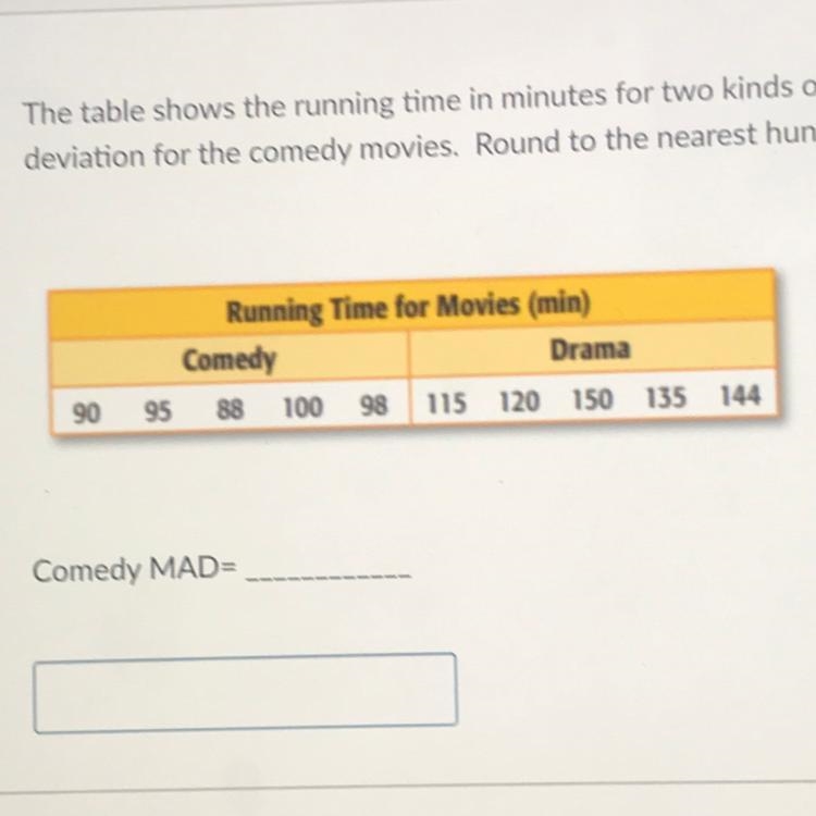 The table shows the running time in minutes for two kinds of movies. Find the mean-example-1