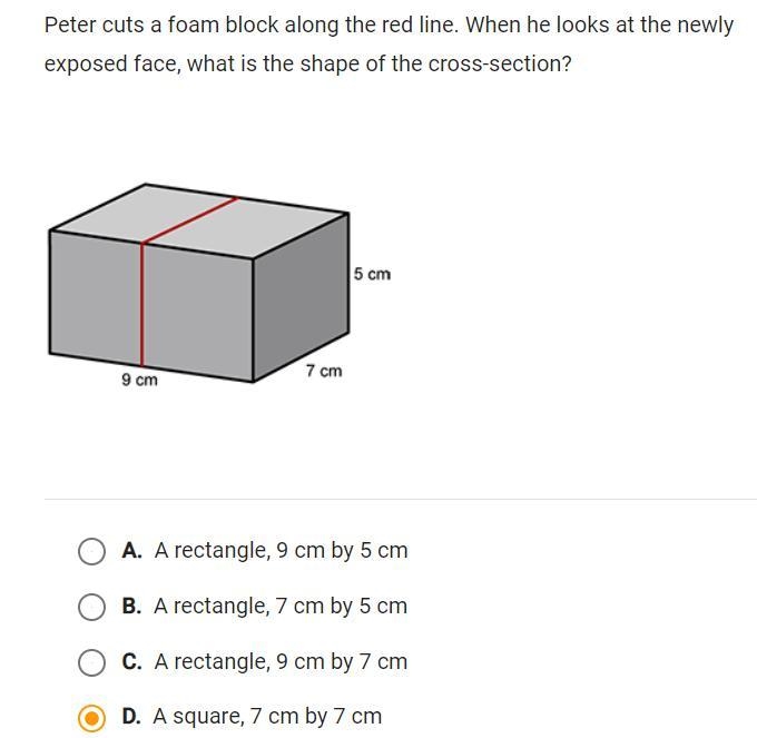 Peter cuts a foam block along the red line. When he looks at the newly exposed face-example-1