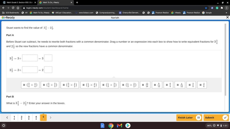 Stuart wants to find the value of 3 3/4- 2 1/3-example-1