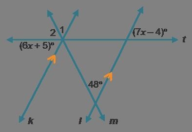 Consider Carmen’s plans. Parallel lines k and l are crossed by transversal t. Line-example-1