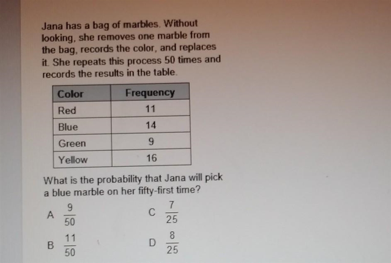 Jana has a bag of marbles. Without looking, she removes one marble from the bag, records-example-1