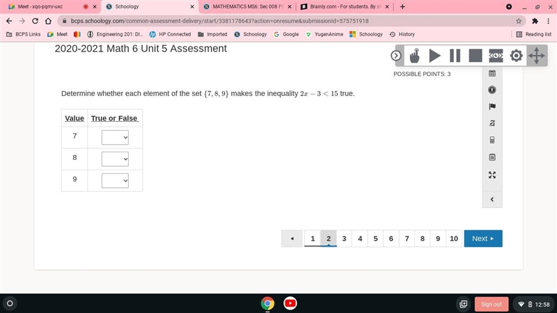 Determine whether each element of the set {7,8,9} makes the inequality 2x−3<15 true-example-1