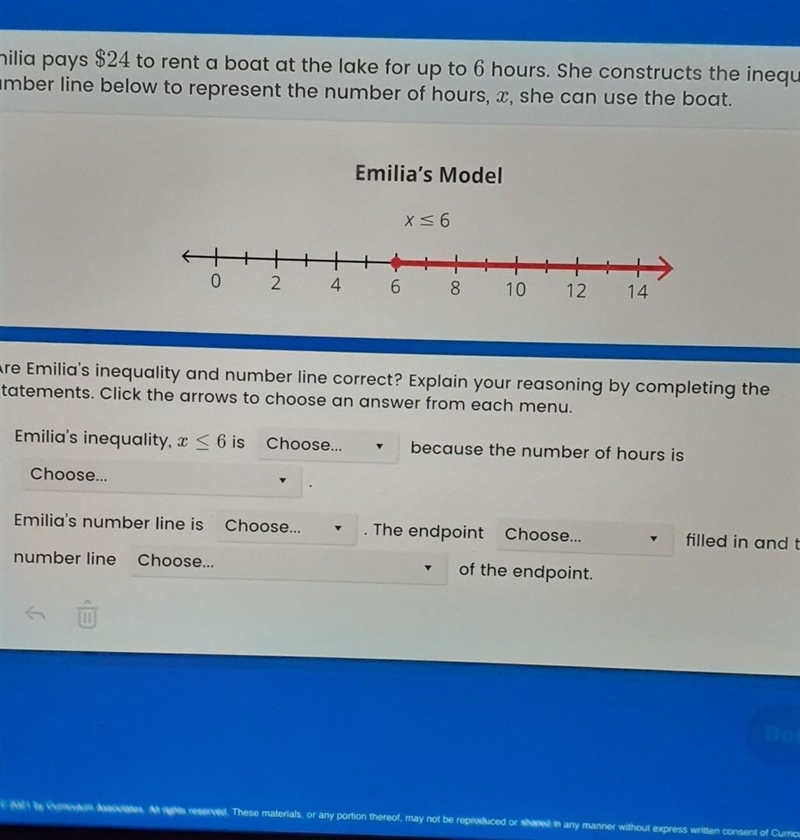 Emilia pays $24 to rent a boat at the lake for up to 6 hours. She constructs the inequality-example-1