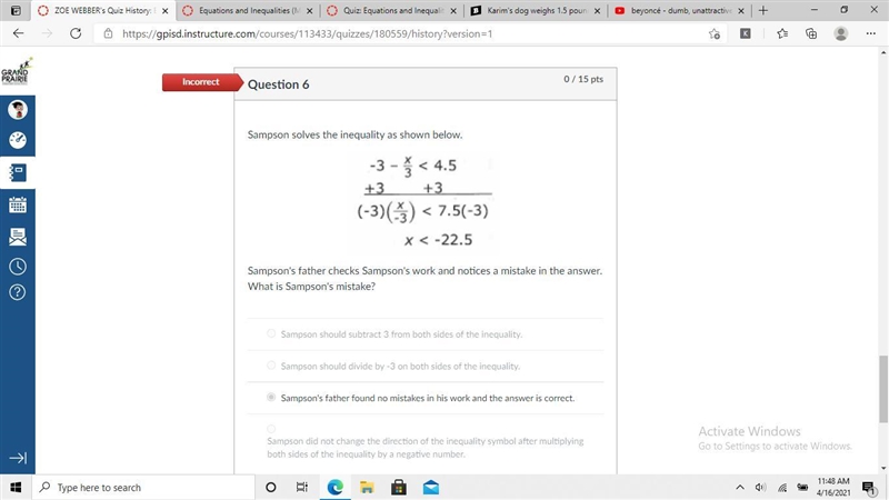 Sampson solves the inequality as shown below. Sampson's father checks Sampson's work-example-1