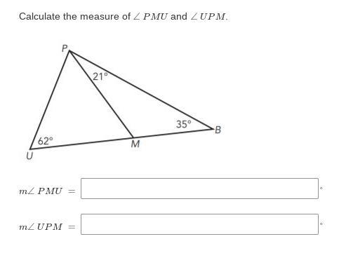 Calculate the measure of ∠ PMU and ∠ UPM.-example-1